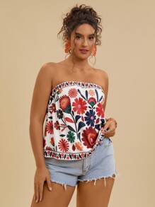 Travachic 加大码露肩波西米亚风上衣，带有彩色花卉图案和褶边细节花卉抹胸露肩上衣夏季抹胸抹胸女式露肩上衣，女士假日服装