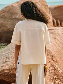 Poéselle 女式夏季海滩贝壳印花纽扣前短袖衬衫