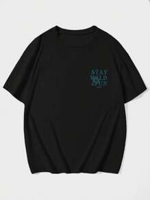 EURMUSE T-shirt ample à col rond à manches courtes avec slogan imprimé, décontracté, pour l'été - Noir - Voir 5