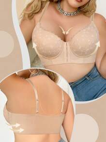 SHEIN Sujetador sin aros sin forro, de talla grande, romántico y sexy, con encaje y parches, con abertura frontal, que brinda soporte y elevación, ajustable para uso diario - Albaricoque - Ver 5