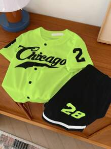 2 件装 小男孩 男孩休闲运动学院街头可爱度假字母图案开衫棒球夹克风格衬衫和短裤套装 适合儿童服装 幼儿男孩服装 返校男孩套装 适合生日派对、晚会、表演、婚礼、洗礼、开幕式 适合日常使用 适合上学 适合旅行 适合运动 适合春夏季节