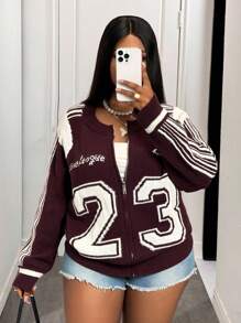 Slaydiva Cárdigan de punto con cremallera, número 23, holgado, color burdeos e marfil, para mujer talla grande, para otoño temprano, estilo universitario y urbano casual, para uso diario y vuelta al colegio, para salidas diarias en invierno y otoño - Burdeos - Ver 7