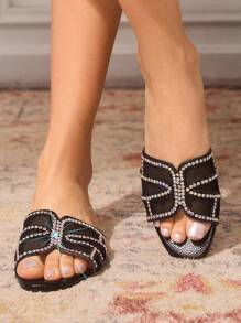 CUCCOO TILAWA Women's 2025 Spring & Summer New Slip-On Butterfly Rhinestone Hollow-Out Flat Sandals, Comfortable Daily Wear - Black - View 3