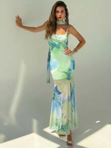 Aloruh Date Night Outfits Women Women's Floral Print Spaghetti Strap Ruffle Hem Maxi Dress With High Slit, Blue Green Color, Suitable For Vacation, Date, Party - Multicolor - View 7