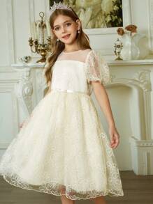 Hapijoa Girls Princess Dress With Bow, Sweet Mesh Party Dresses, Tween Girl Summer Outfit - Apricot - View 1