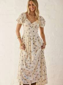 Aralina 女士秋冬休闲度假风印花甜心领泡泡袖修身连衣裙，适合乡村音乐会、教师节、毕业典礼等场合。 - 彩色 - 查看 6