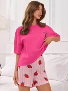 EURMUSE Cotton 2Pcs Strawberry Printed Detail Short Sleeve Shirt And Shorts PJ Set - Hot Pink - View 3