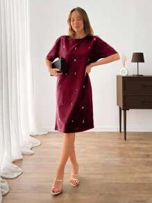 EURMUSE Women Rhinestone Embroidery Detailed Mini Sweat Dress - Burgundy - View 4