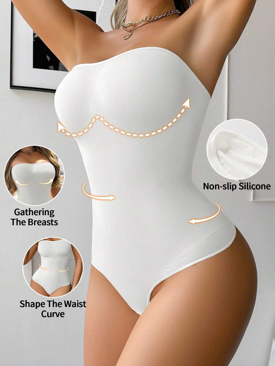 Snug Zone 1 st Sömlös kroppsdräkt för kvinnor, axelbandslös midje- och magformare med anti-halk, enkelpack - Vitt - Visa 1