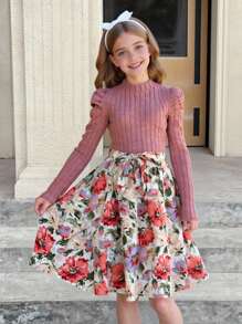 SHEIN Tween Girls Color Block Pink Floral Print Puff Sleeve Belted Dress - Pink - View 1