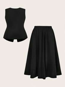 Sweetra Bộ 2 món đơn giản, tối giản, cổ điển, lãng mạn, eo thon - màu đen - Xem 2