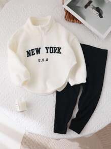 SHEIN Young Girl Cute Letter Printed Stand Collar Fluffy Top & Elastic Waist Long Pants Set - Black and White - View 7