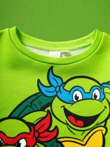 TEENAGE MUTANT NINJA TURTLES | SHEIN Young Boy Cartoon Turtle Print Green Casual & Cute Long Sleeve Crew Neck Sweatshirt Fall Winter - Green - View 4
