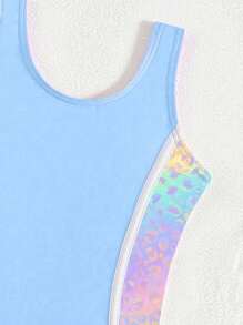 时尚女孩拼色纯蓝色豹纹拼布连体裤，适合海边度假