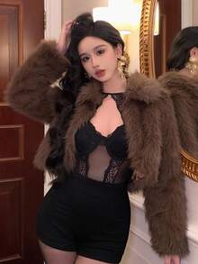 DAZY 女士仿毛皮宽松休闲商务外套，适合新年、圣诞节、婚礼、派对、时尚场合，秋冬季女式外套 - 棕色 - 查看 3