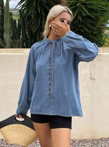 Livesso 女式休闲水洗抽绳V领长袖牛仔衬衫 - 藍色 - 查看 3
