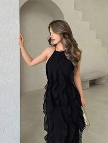 Jemour Spring/Summer Elegant Vacation Backless Multi-Layer Ruffled Plain Goddess Style Sleeveless Dress With Slimming And Heightening Effect,Ladies Elegant Sleeveless Spaghetti Strap Regular Fit Long Black Plain Bodycon Women Long Dresses,Spring/Summer,Party/Nightclub Outfits
