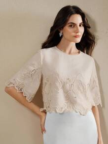 Anewsta 全新复古重工刺绣透视圆领短袖短款上衣，夏季 - 杏色 - 查看 4