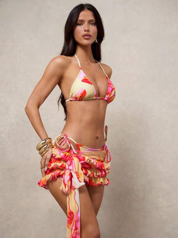Swim Glamine Set de 3 piese pentru bikini și fustă mini cu volane, model vară, sexy, cu imprimeu leopard și floral, pentru vacanță la plajă