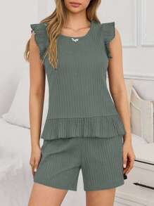 EURMUSE Bộ đồ mặc nhà thanh lịch và tối giản với áo rộng cổ bèo nhún và quần short cho nữ - Màu xanh Ô liu - Xem 3