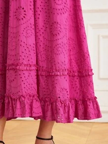 GENKIRA 复古优雅设计刺绣镂空荷叶边下摆修身长裙 - 玫紅色 - 查看 8