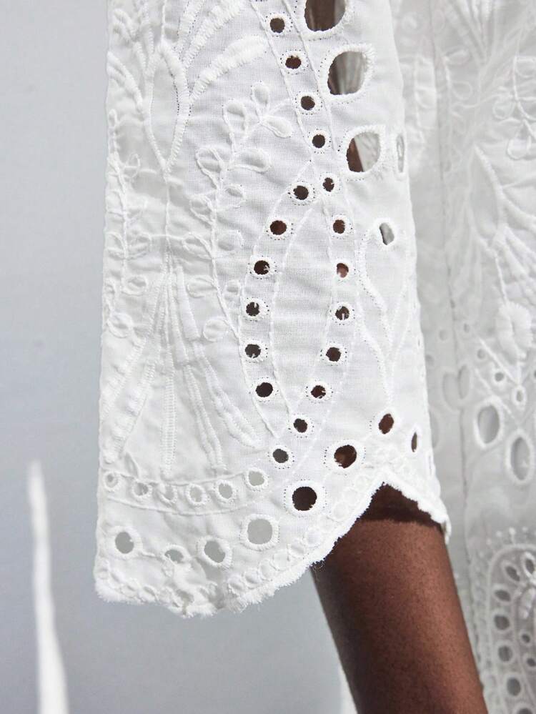 SHEIN Maija Women Casual Loose Solid Color Long Sleeve Dress, Minimalist Style For Daily Wear Eyelet Dress Women Eyelet Blouse Crochet Cover Up Dress White Beach Cover Up Women White Modern Vacation Nomadic Casual Fashion All-Match Women's Country Concert Western Style Women's Nomadic Style Bohemian High-End Elegance All-Match Country Concert Modern Holiday Fashion Design, Comfortable Beach Beach, Bohemian Style Business Casual Women's Office Wear Western Style Clothing, High-Grade Fabric, Comfortable