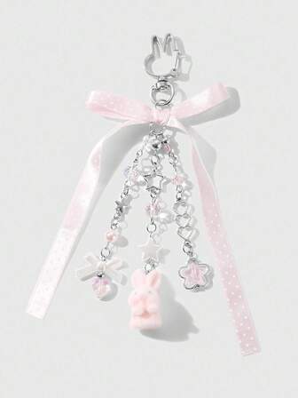 Kawaii 1pc Cute & Elegant High-Quality Pink Polka Dot Bow, Silver Resin Star & Heart Chain, Plush Rabbit DIY Keychain/Bag Charm, Suitable For Women, Girls, Daily Wear, Holiday Gift