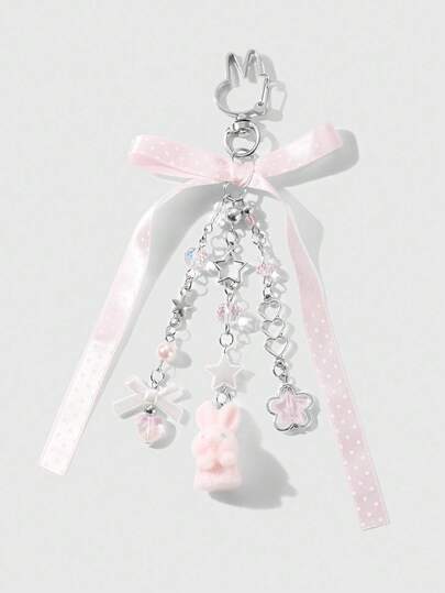 Kawaii 1pc Cute & Elegant High-Quality Pink Polka Dot Bow, Silver Resin Star & Heart Chain, Plush Rabbit DIY Keychain/Bag Charm, Suitable For Women, Girls, Daily Wear, Holiday Gift