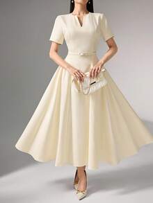 Heiryn V-Neck, Pleated, Waist Gathered Korean Style Commute Dress, Short Sleeve, Summer