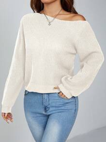 SHEIN PETITE 斜肩坑条纹套头衫女式毛衣 - 米色 - 查看 1