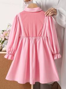 Vestido camisa de manga larga con decoración de moño 2 en 1 para niñas, minimalista y versátil de moda casual, vestido rosa de primavera y otoño para niñas, vestido de manga larga para niñas - Rosa - View 2