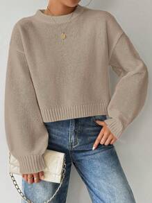 EMERY ROSE Women's Solid Color Simple Casual Crew Neck Long Sleeve Sweater Knit Pullover Fall Winter - Khaki - View 5