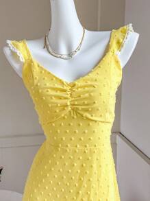 SHEIN Women's Summer Swiss Dot Ruffled Hem Yellow Mini Dress - Yellow - View 5
