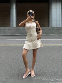 SHEIN 青少年女孩休闲简约舒适合身马球领无袖露背收腰连衣裙 - 杏色 - 查看 4