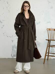 DAZY Women's Loose Business Casual Elegant Stand Collar Brown Cinched Waist Overcoat, Suitable For New Year, Christmas, Autumn/Winter - Chocolate Brown - View 14