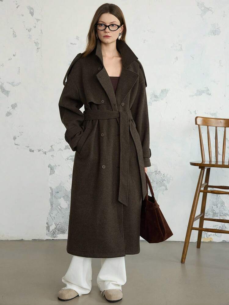 Women's Loose Business Casual Elegant Stand Collar Brown Cinched Waist Overcoat, Suitable For New Year, Christmas, Autumn/Winter