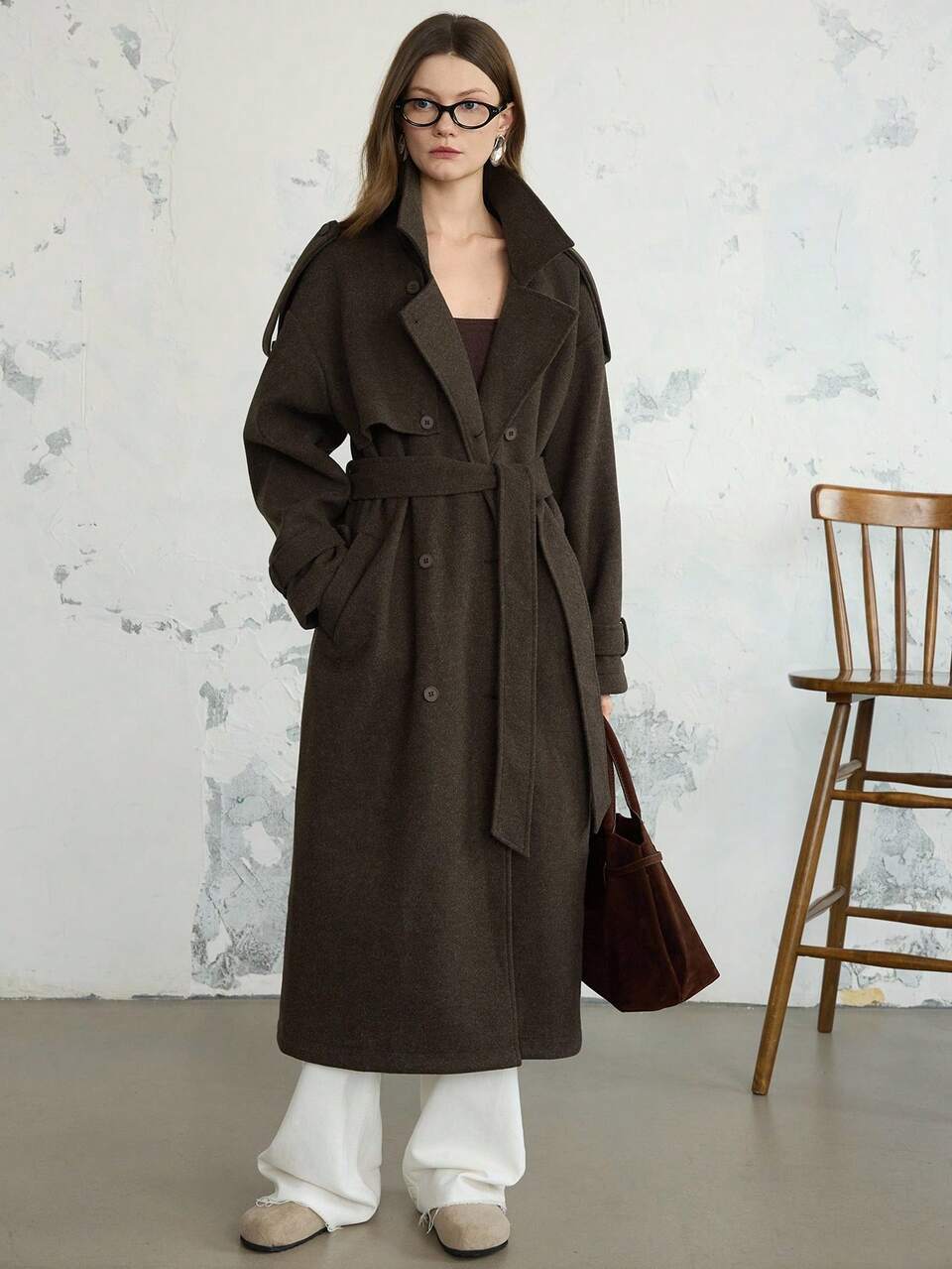 Women's Loose Business Casual Elegant Stand Collar Brown Cinched Waist Overcoat, Suitable For New Year, Christmas, Autumn/Winter