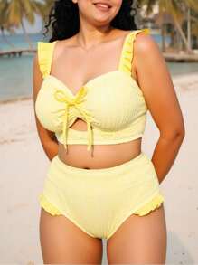Swim Mod Plus Summer Beach Boho Drawstring Ruffle Trim Bikini Swimsuit ,Back To School,Butter Yellow,Birthday Swimsuit,Seaside - Yellow - View 5