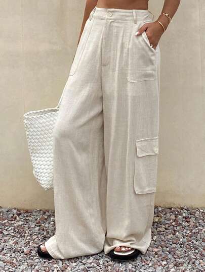 Livesso Women's Casual Solid Color Wide Leg Cargo Pants