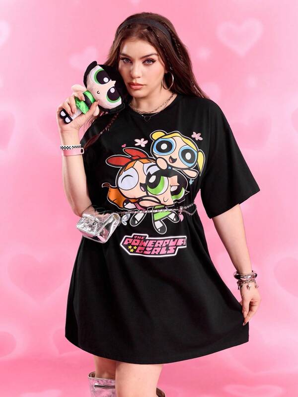 THE POWERPUFF GIRLS X SHEIN Plus Size Women's Summer Fall Autumn Y2k Cleanfit Atry Chic Cute Dreamy  Retro Vintage Casual Vacation Vibe Back To School Clothes Preppy Style  Kawaii  Streetwear Loose Black Blossom, Bubbles, Buttercup Pattern Print Graphic Round Neck Short Sleeve Dress