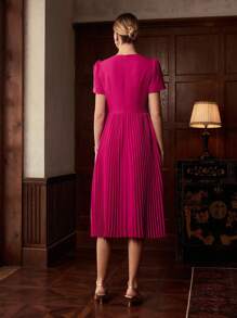 ZEYLAH SOLID PUFF SLEEVE PLEATED HEM MIDI DRESS , FALL WINTER - Hot Pink - View 3
