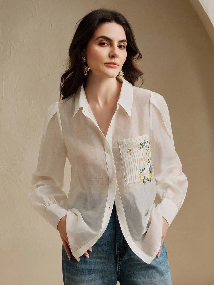 Women Pleated Pocket Embroidered Blouse