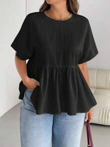 SHEIN Essnce 大码女装春夏时尚休闲宽松舒适日常百搭修身纹理面料黄色短袖衬衫，简约风格，曲线可爱上衣，外出上衣，欧洲夏季，荷叶边上衣，女士早午餐 - 黑色 - 查看 6