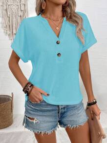 SHEIN PETITE Women Notched Neck Solid Color Textured Batwing Sleeve T-Shirt For Summer - Blue - View 4