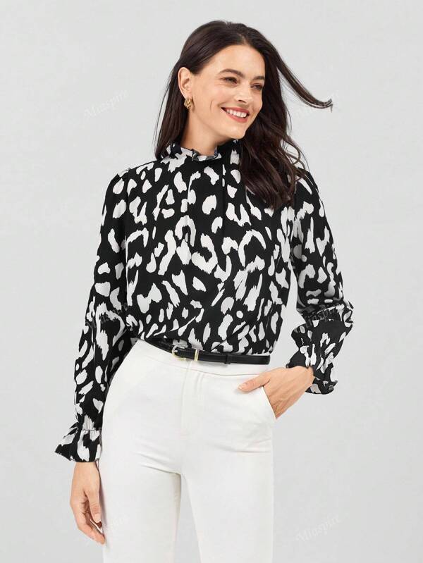Miaspire Allover Print Flounce Sleeve Mock Neck Blouse,Ladies Casual Ruffle Long Sleeve Stand Collar Regular Fit Regular Black And White Flounce Sleeve Top Women Blouses,Spring/Fall ,Casual Daily Wear