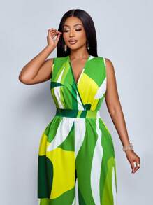 SOLERSUN 加大码女式无袖叶花卉印花松紧腰 V 领连体裤，适合春夏季度假和日常穿着，连体裤 - 綠色 - 查看 2