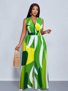 SOLERSUN 加大码女式无袖叶花卉印花松紧腰 V 领连体裤，适合春夏季度假和日常穿着，连体裤 - 綠色 - 查看 5