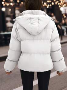 EURMUSE Drawstring Hem Hooded Drop Shoulder Quilted Women's Crop Down Jacket - White - View 2