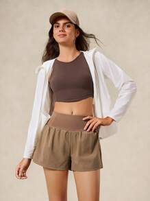 OutZeal Running Shorts Women Sports Shorts Solid ColorGym Workout Summer Spring Quick Dry Tummy Control High Waist Built-In Shorts With Pocket - Khaki - View 9