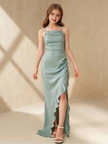 Flower Girl Wedding Elegant High-Waist Sleeveless Flounce Hem Split Dress For Tween Girls Party/Birthday/Prom Fall Winter - Green - View 1